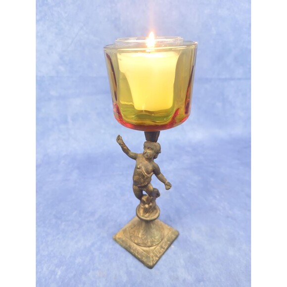 Brass Cherub Candle Holder Hollywood Regency MCM Amber Glass - Picture 10 of 11